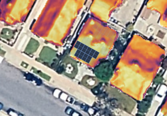 Interactive solar check showing a roof's sunlight map with the modelled panel array