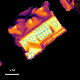 The same roof as measured annual sunlight, with the modelled panel layout outlined.