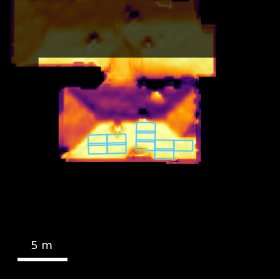 Measured annual sunlight on a Richmond, California roof, with the modelled panel layout outlined.