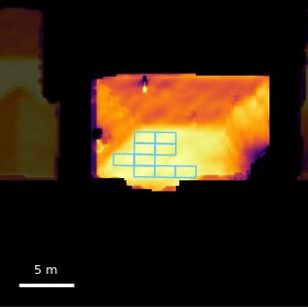 The same roof as measured annual sunlight, with the modelled panel layout outlined.